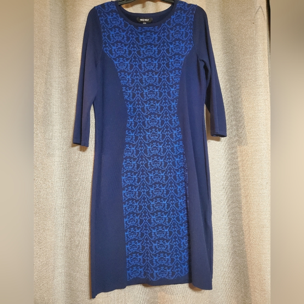 Nine West Sheath sweater dress Navy Blue 3/4 length long sleeve w/design